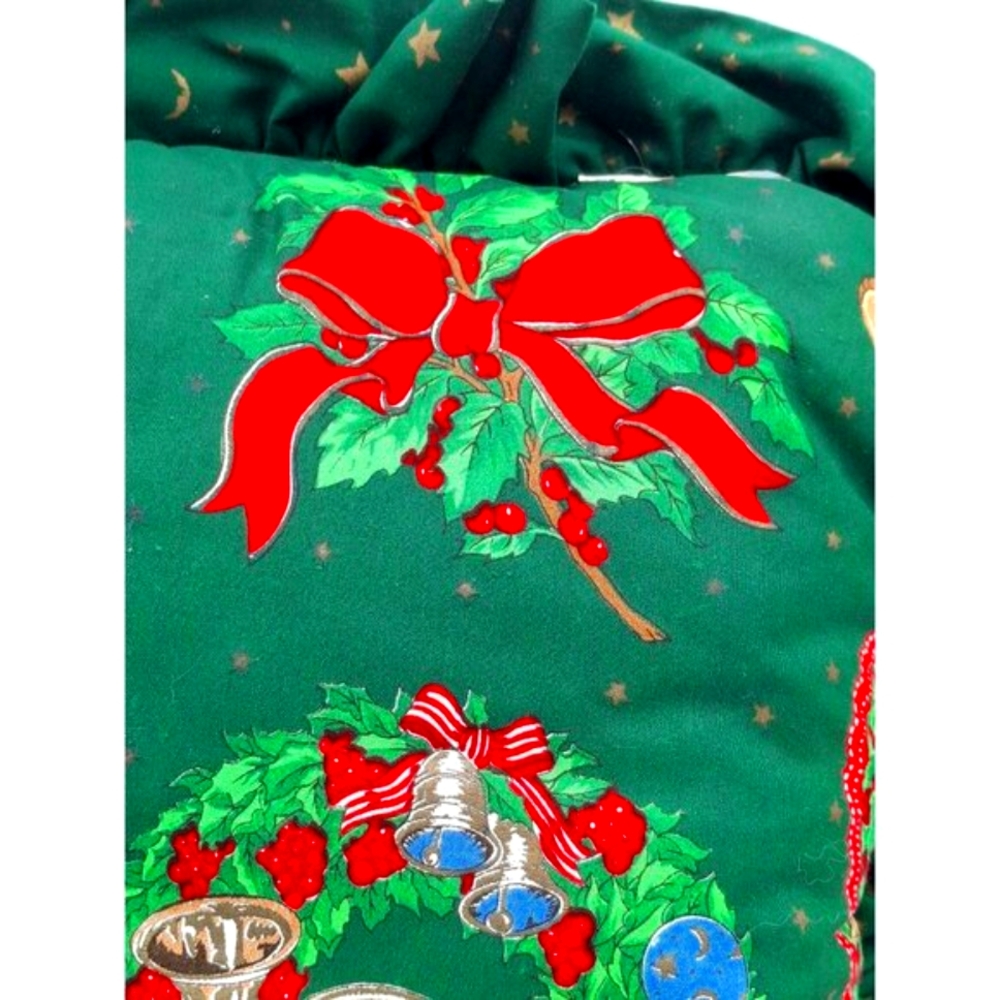 Vintage 90s 80s Y2k Decor Green Christmas Pillow W/ Holiday Prints & Ruffle Trim - Picture 4 of 7